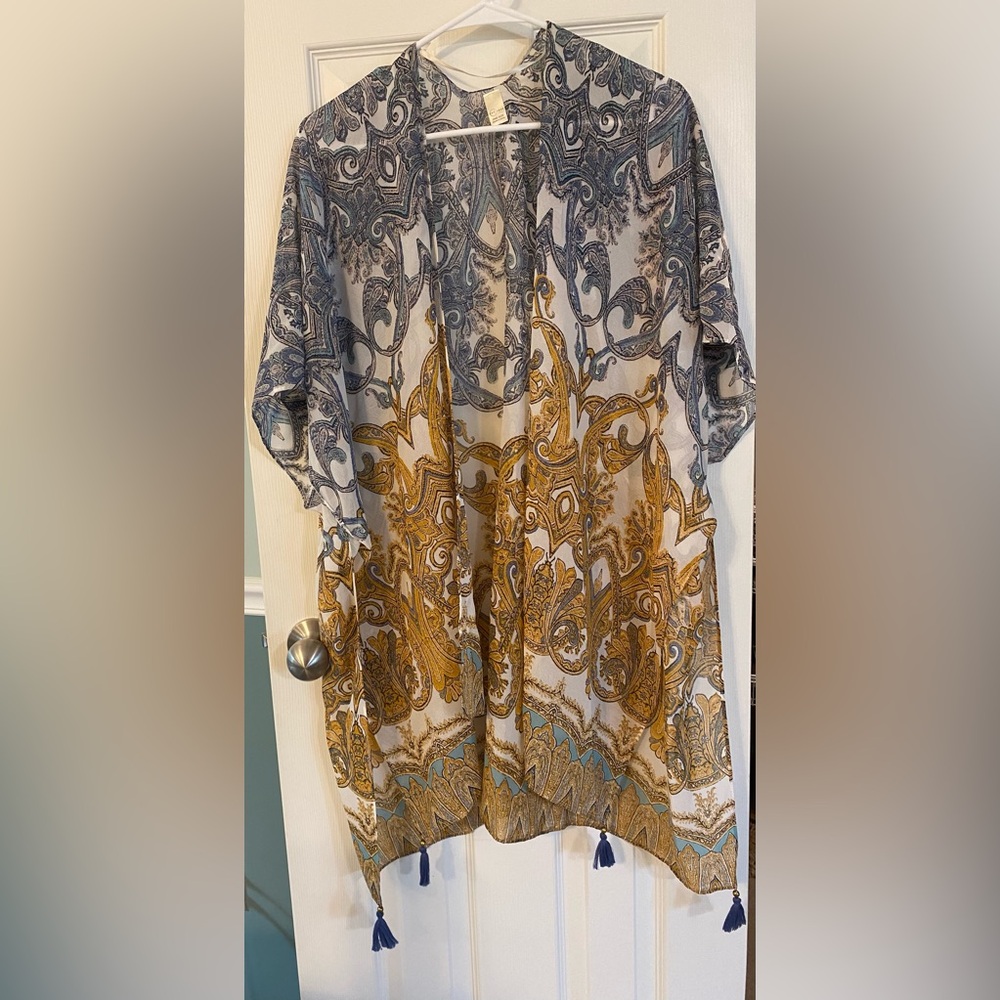 CATO | navy and gold lightweight bohemian kimono cover-up cardigan, size L